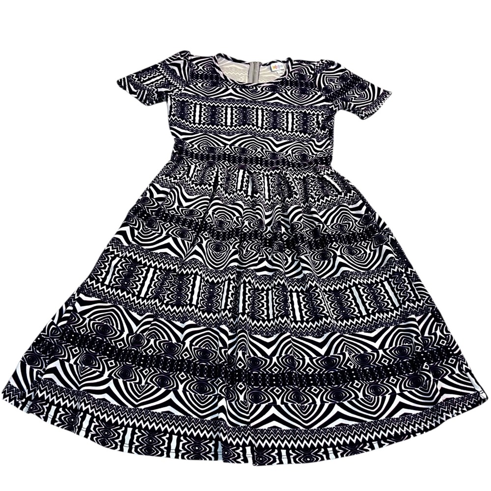 LuLaRoe Nicole Dress Large Purple Geometric Print Pockets Zip Back‎
